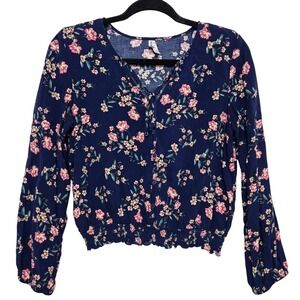 Mudd Navy Floral Coquette Indie Boho Blouse Tie Neck Smocked Hem Long Sleeve SzM